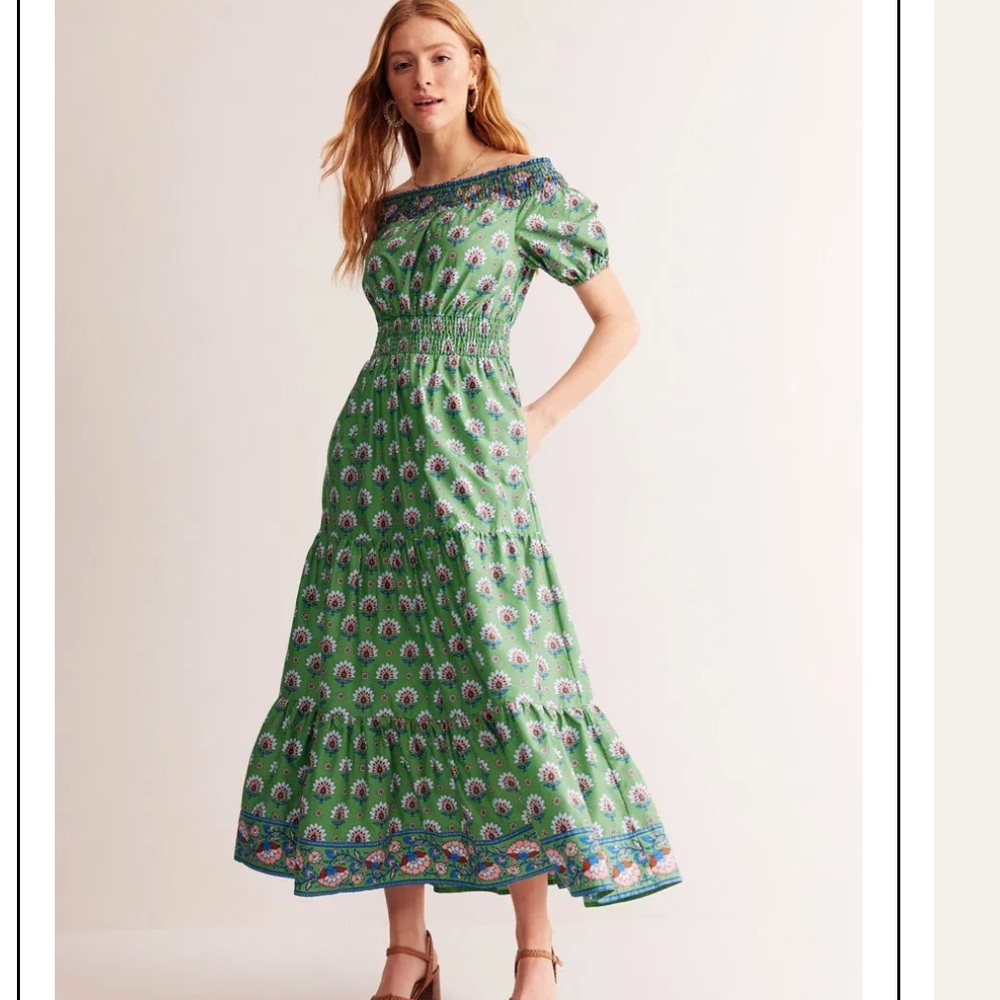 Boden Green Floral Midi Dress with Blue Trim